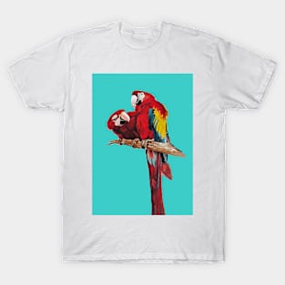 Red Macaw Parrot Watercolor Painting on Aqua T-Shirt